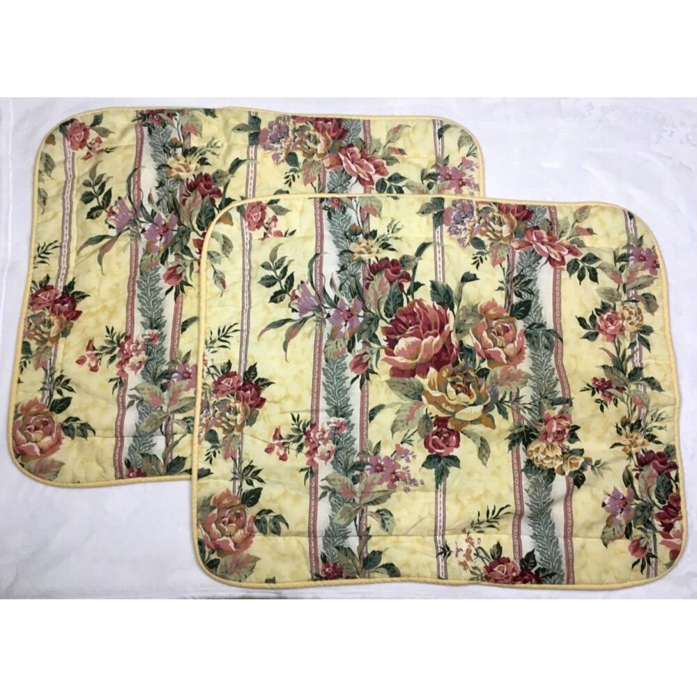 Vtg JC Penney Yellow Burgundy Floral Tea Stained Standard Shams (2) USA Made